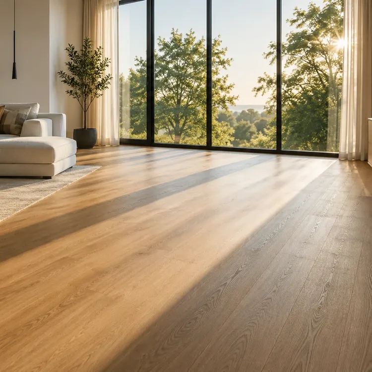 Moderner Vinyl-/Designboden in Eiche-Optik mit Sonnenlicht durch bodentiefe Fenster