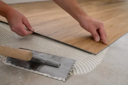 Vollflächige Verklebung eines Designbodens in Holzoptik mit Zahnspachtel und Kleber