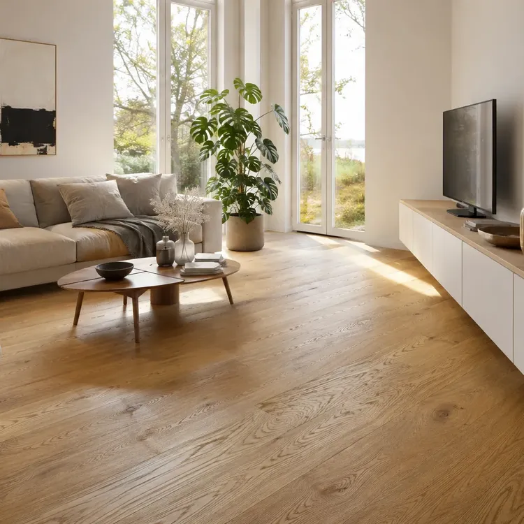 Helles Wohnzimmer mit breiter Eichendiele in matter naturgeölter Optik und warmem Tageslicht
