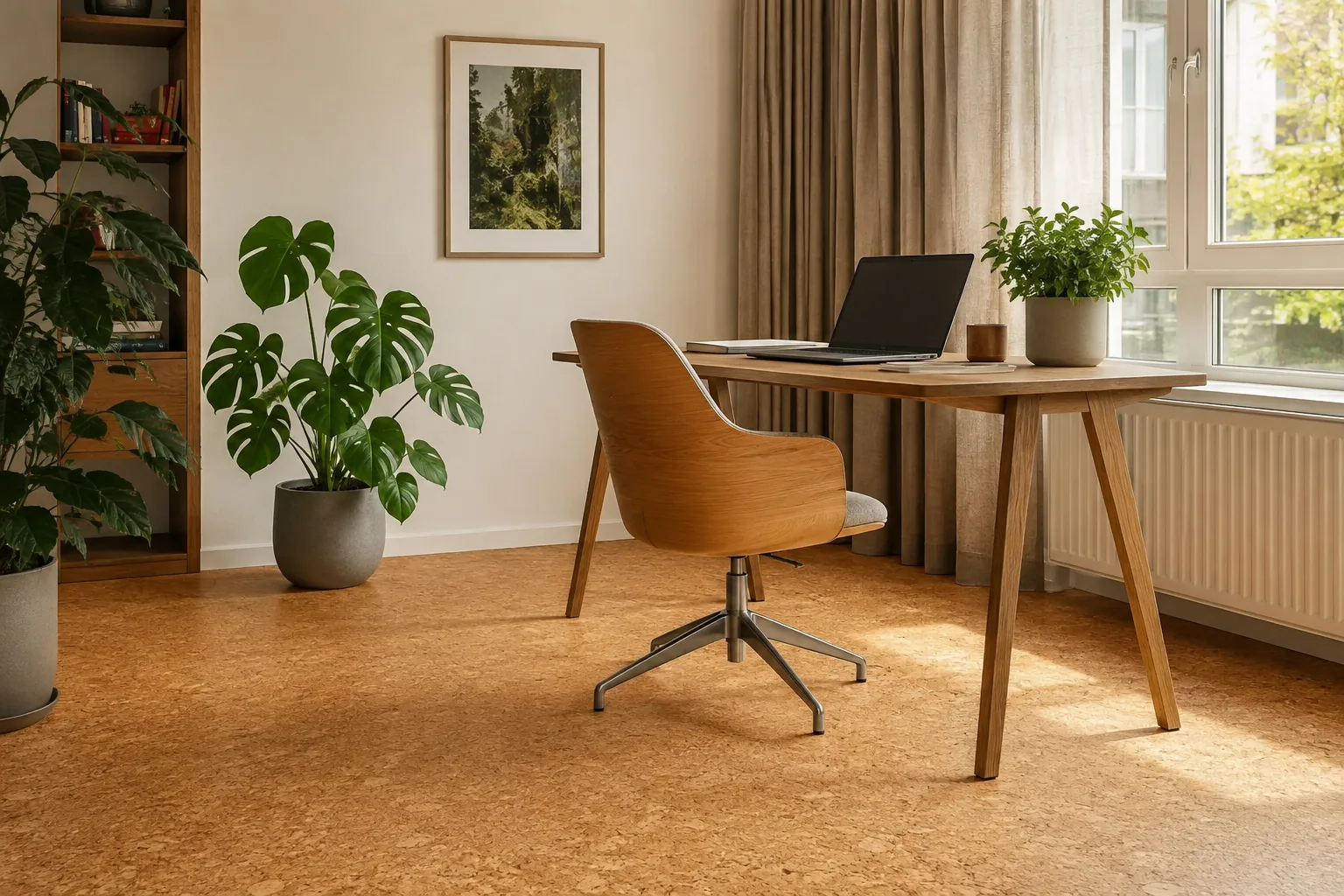 Aufgeräumtes Homeoffice mit warmem Korkboden, Schreibtisch und Pflanzen bei Tageslicht