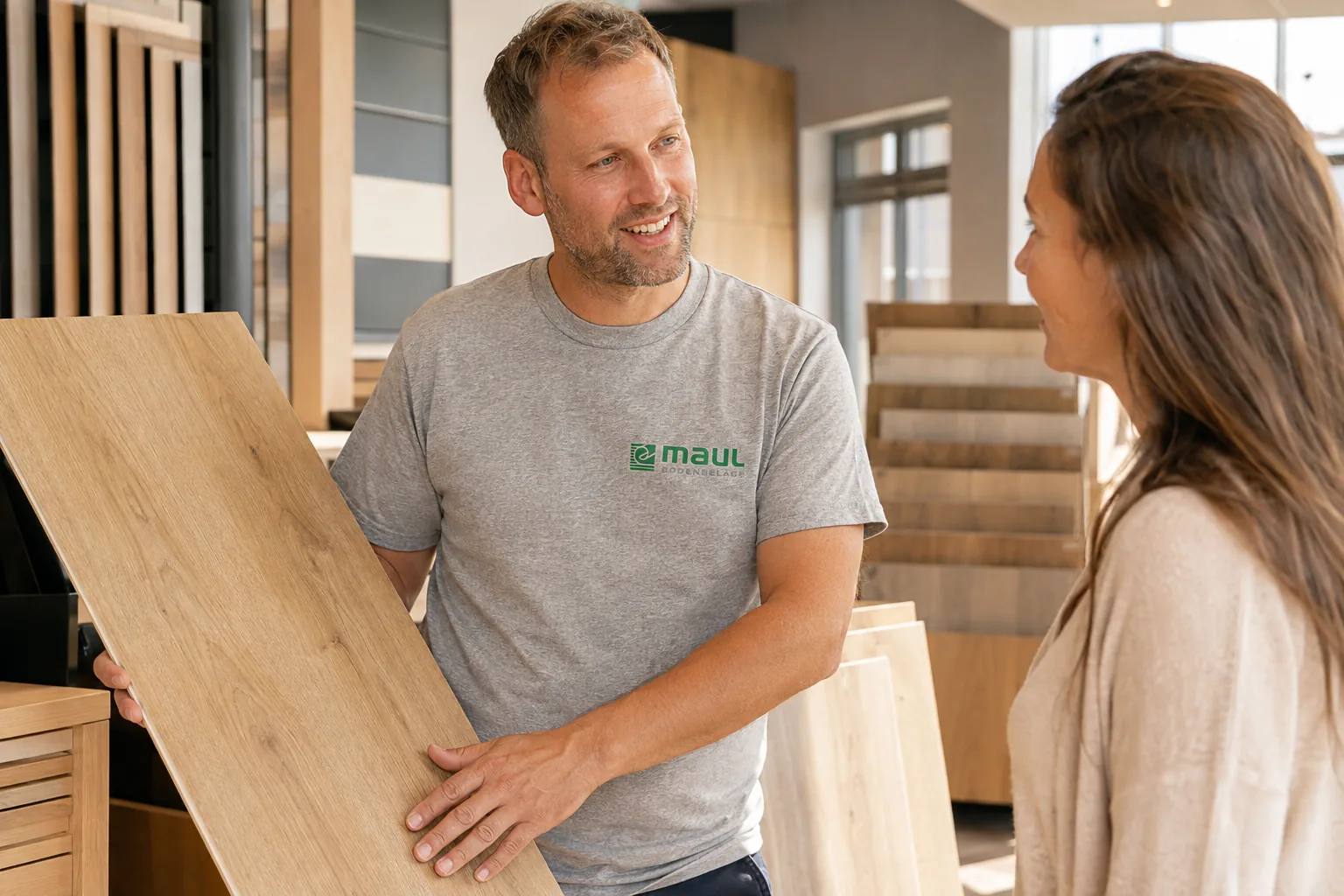Fachberater im grauen T-Shirt mit MAUL-Logo zeigt einer Kundin Parkettmuster im Showroom